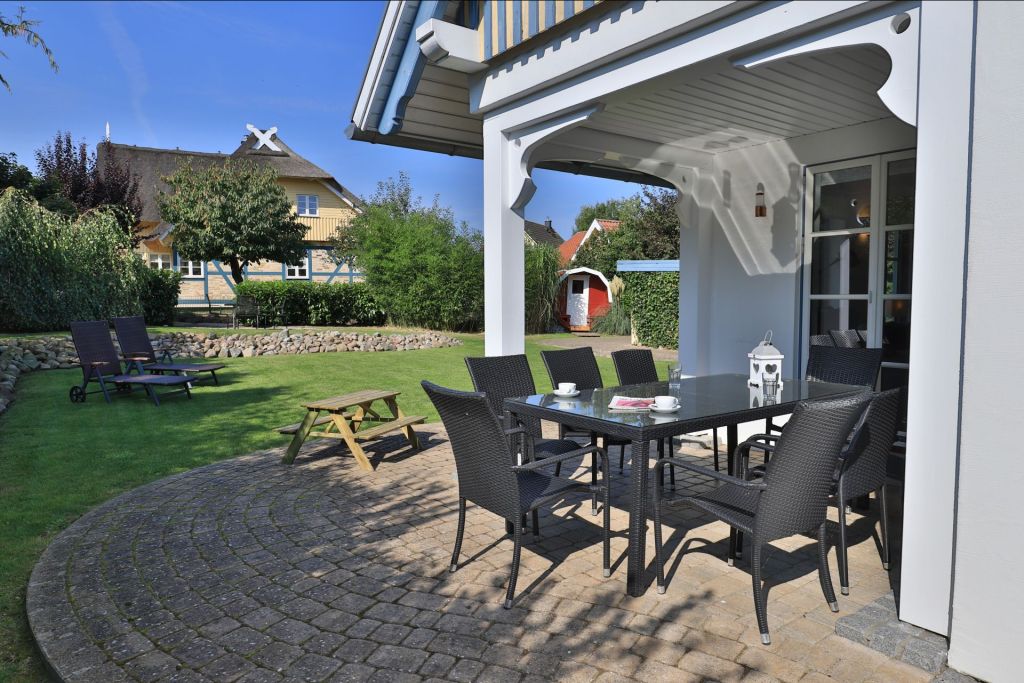Smutje, Ferienhaus - Blick auf die Terrasse (Teilüberdacht)