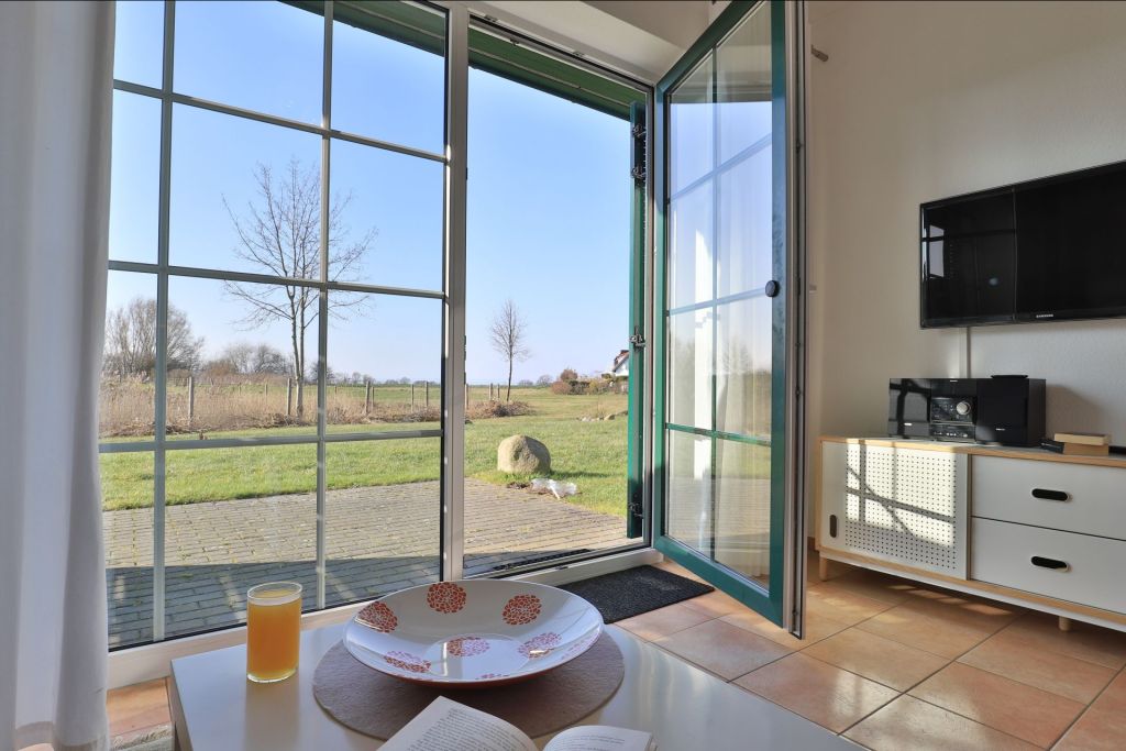 Kiekut - Blick vom Sofa auf die Terrasse und den TV
